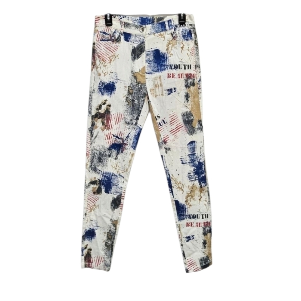 Simon Chang Graffiti Jeans Multicolored 97% Cotton 3% Spandex Sz 6